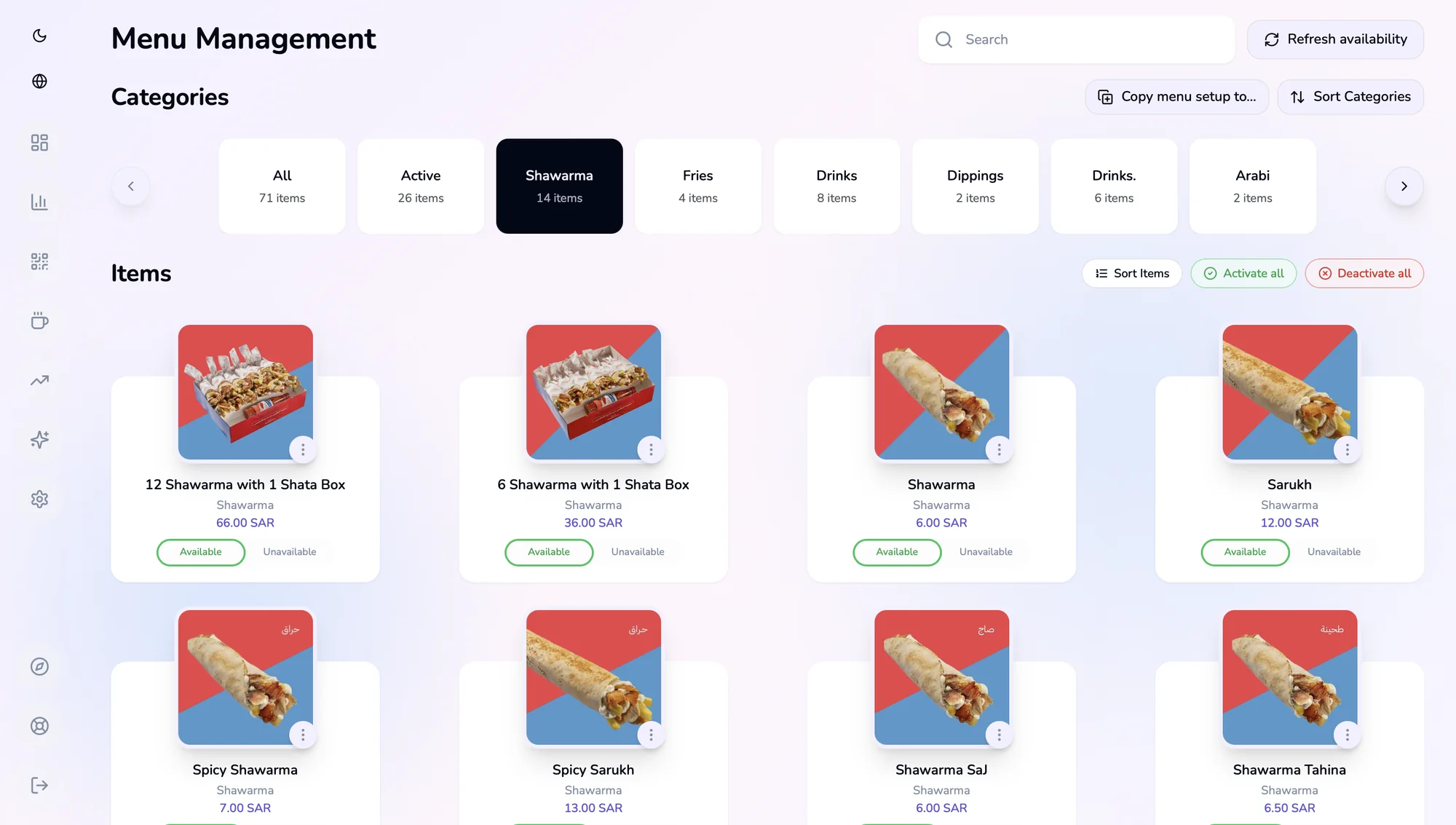Flythru back office, menu management